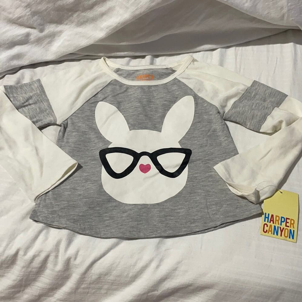 Harper canyon 4 heather grey rabbit with glasses graphic long sleeve t NWT